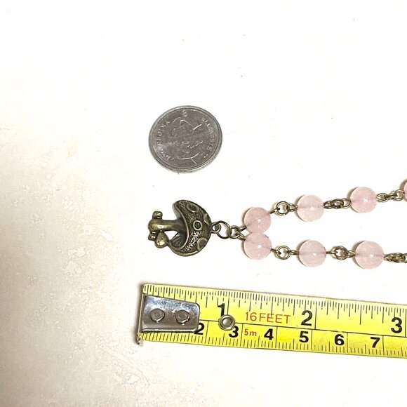 Natural Pink Rose Quartz Necklace, Bronze Round Mushroom+Genuine Gemstone Choker - Picture 12 of 14